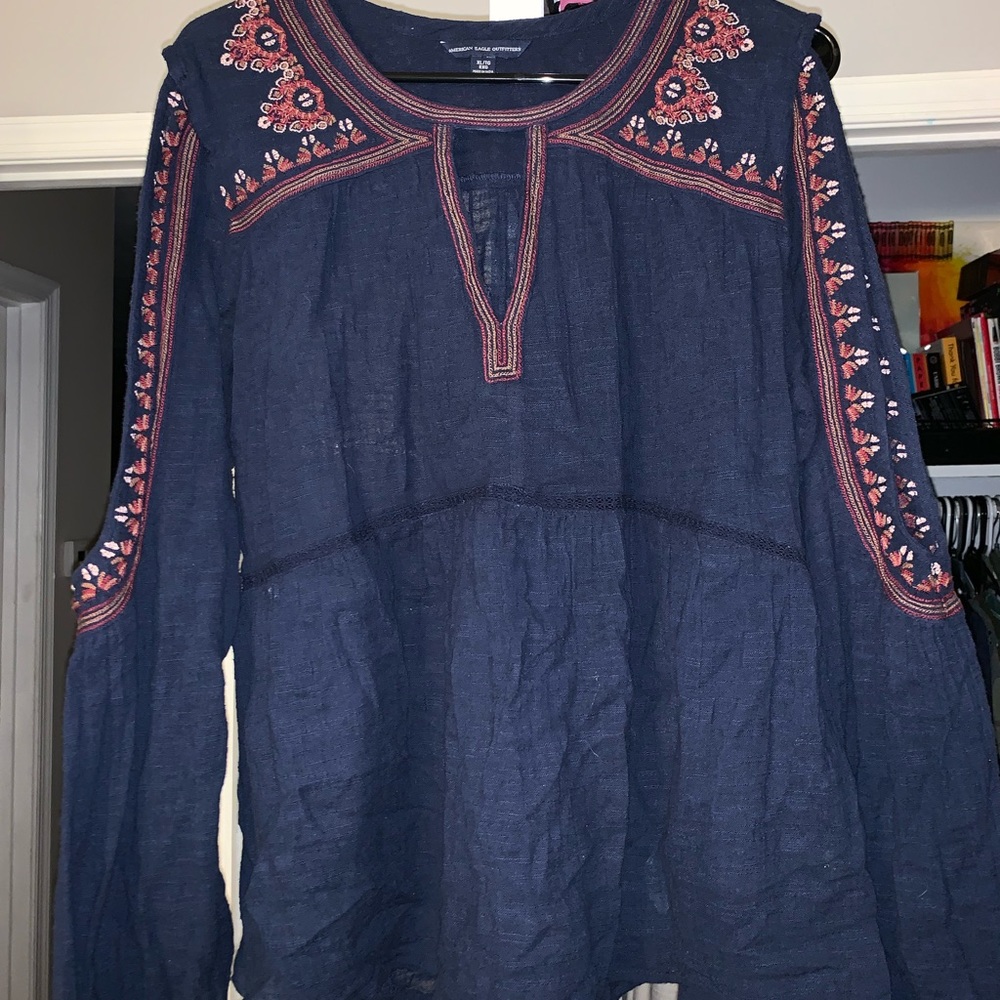 Navy blue embroidered long sleeve blouse